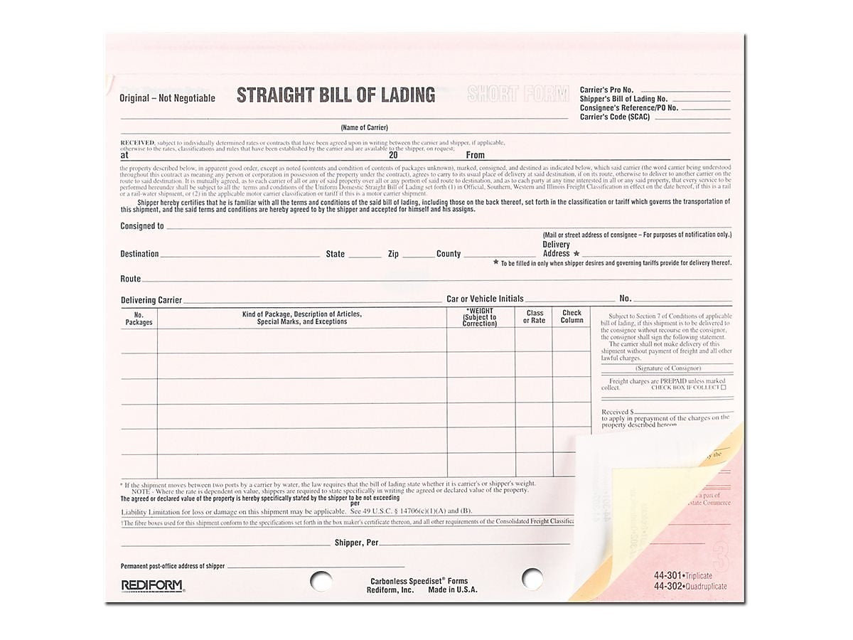 Rediform Snap-A-Way 3-Part Carbonless Bill of Lading, 7"L x 8.5"W, 250 Sets/Book (44301)