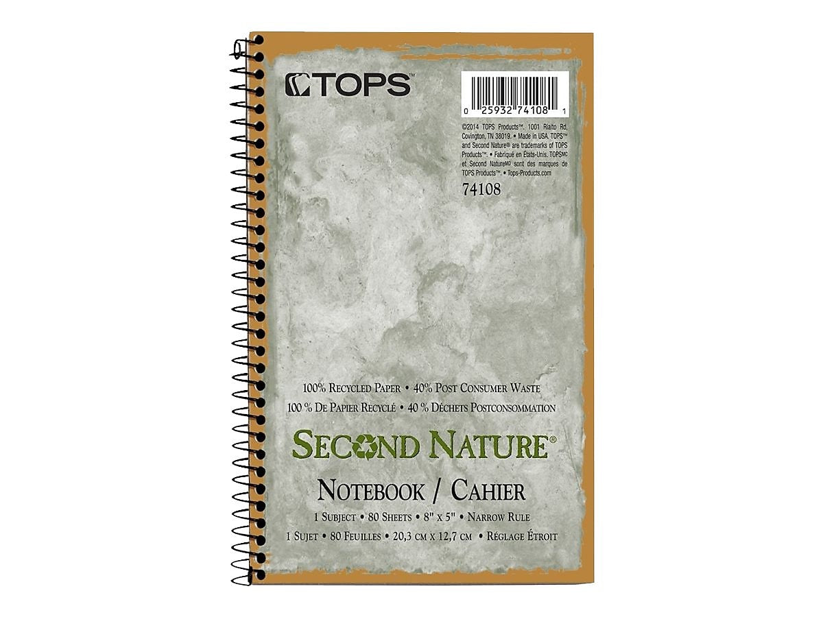TOPS Second Nature 1-Subject Notebooks, 5" x 8", Narrow Ruled, 80 Sheets, Green (74108)