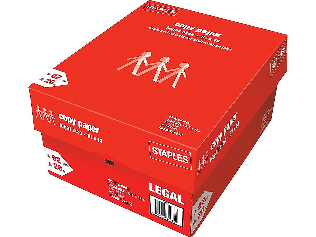 Staples Copy Paper, 8.5" x 14", 20 lbs., White, 500 Sheets/Ream, 10 Reams/Carton (221193)