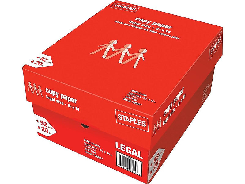 Staples Copy Paper, 8.5" x 14", 20 lbs., White, 500 Sheets/Ream, 10 Reams/Carton (221193)