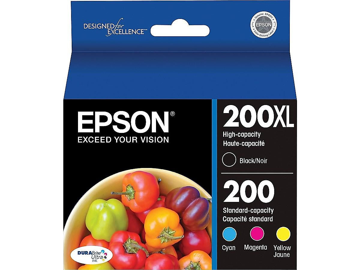 Epson T200 Black High Yield and Cyan/Magenta/Yellow Standard Yield Ink Cartridge, 4/Pack (T200XL-BCS)