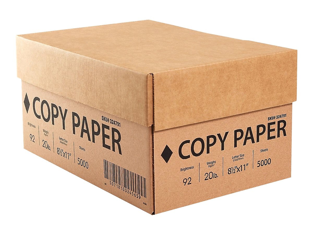 8.5" x 11" Copy Paper, 20 lbs., 92 Brightness, White, 5000 Sheets/Carton (324791/200230)