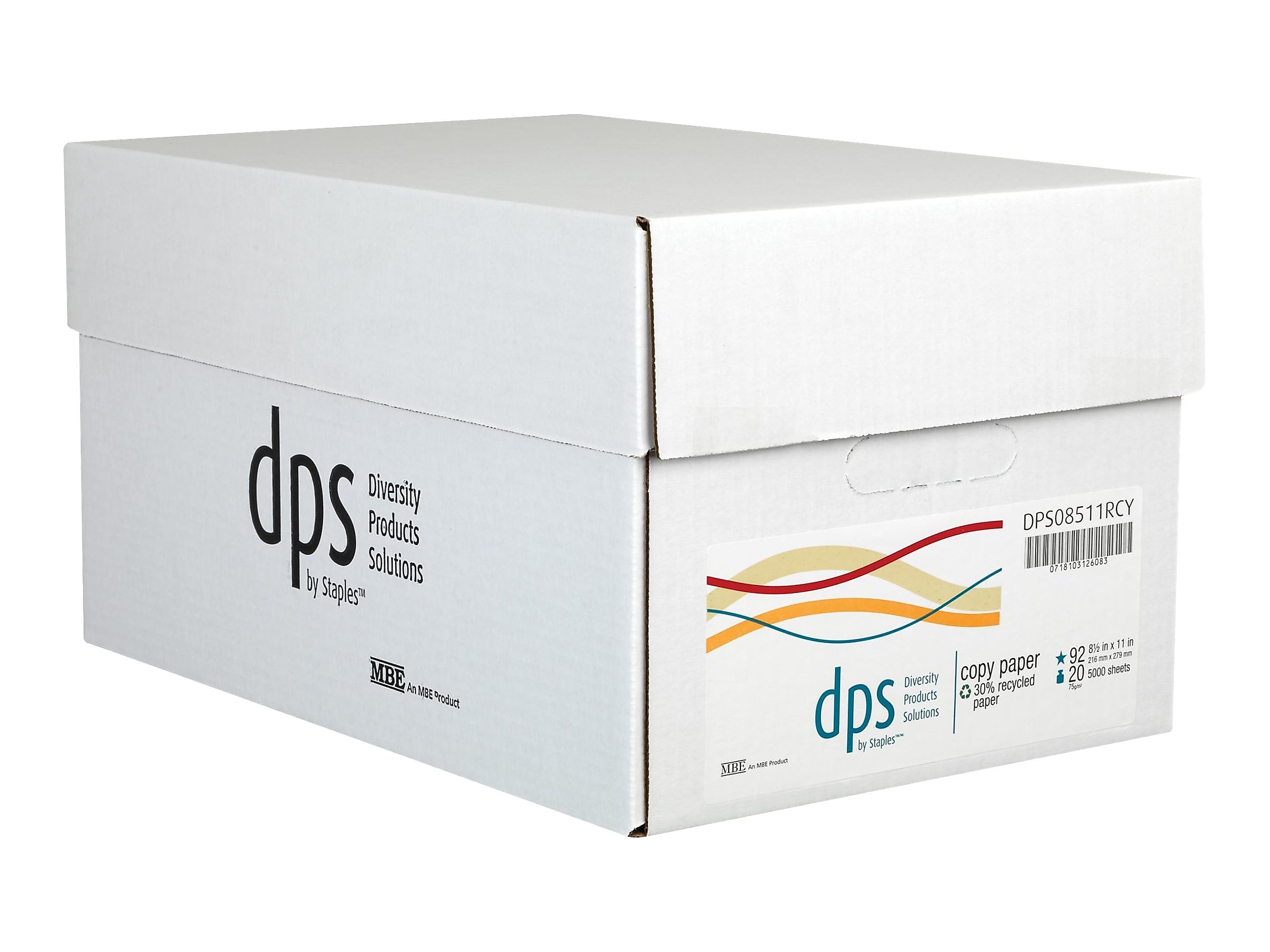 DPS by Staples 30% Recycled Copy Paper, 8.5" x 11", 20 lbs., White, 500 Sheets/Ream, 10 Reams/Carton