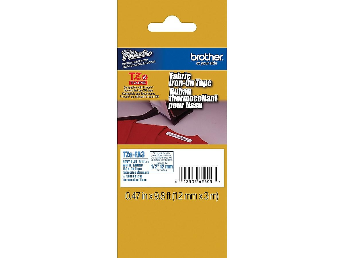 Brother P-touch TZe-FA3 Fabric Iron-on Label Maker Tape, 1/2" x 9-8/10', Navy Blue on White (TZe-FA3)
