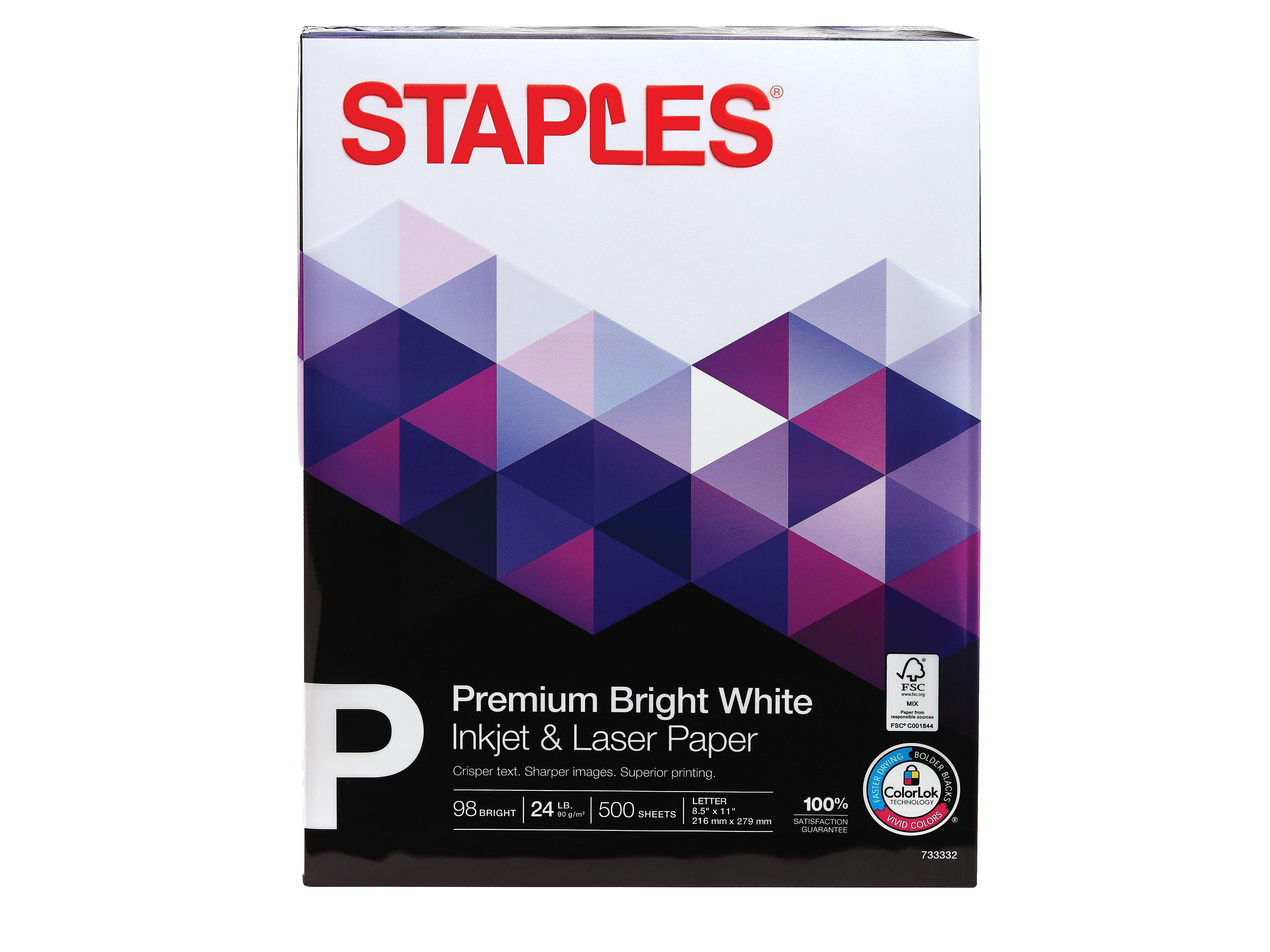 Staples Premium 8.5" x 11" Inkjet & Laser Paper, 24 lbs., 98 Bright, 500/Ream (733332)