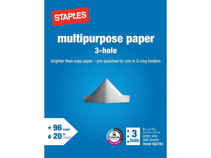 Staples 8.5" x 11" 3-Hole Punch Multipurpose Paper, 20 lbs., 96 Brightness, 500/Ream (05031)