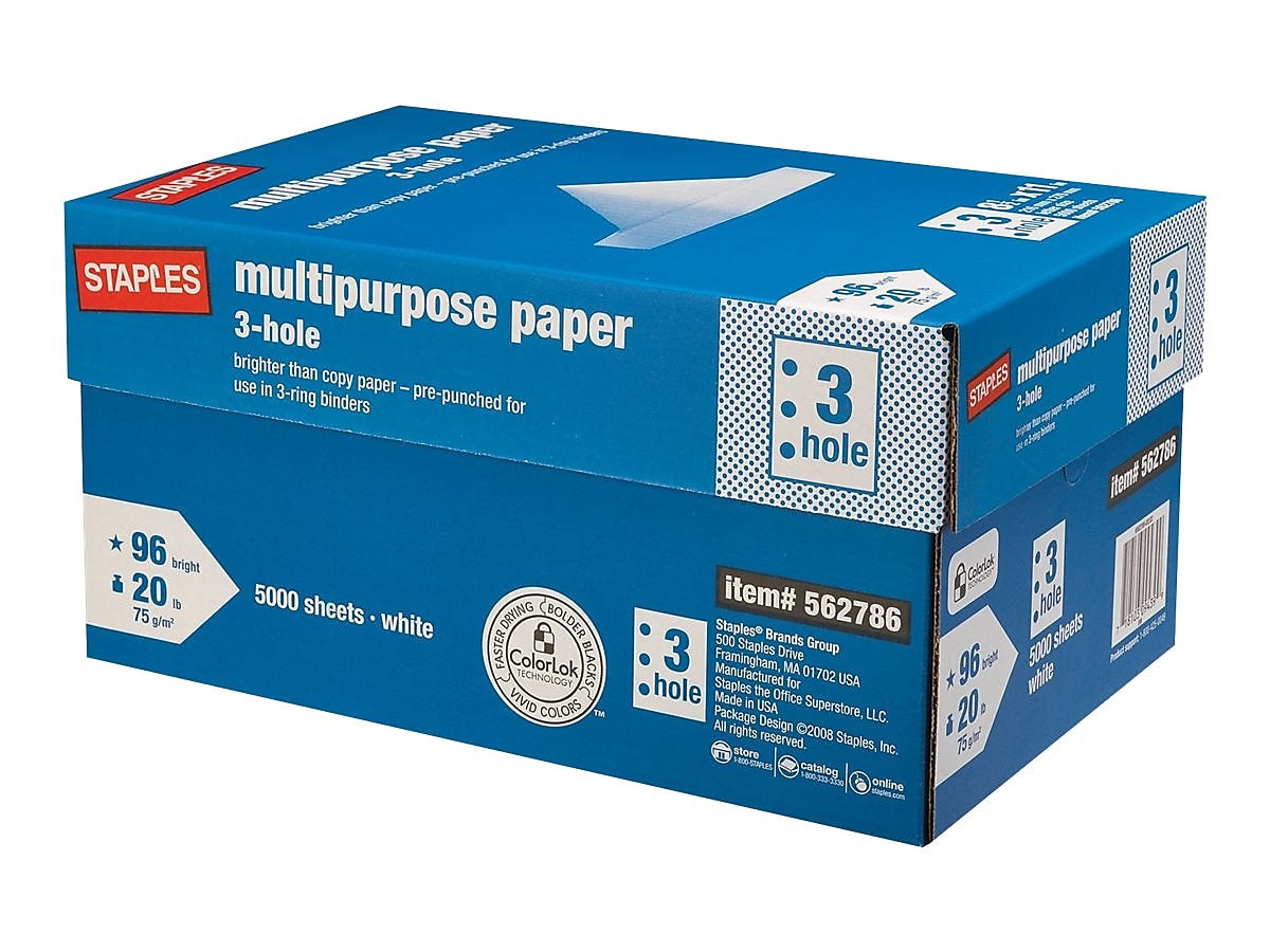 Staples 8.5" x 11" 3-Hole Punch Multipurpose Paper, 20 lbs., 96 Brightness, 500/Ream, 10 Reams/Carton (05030)