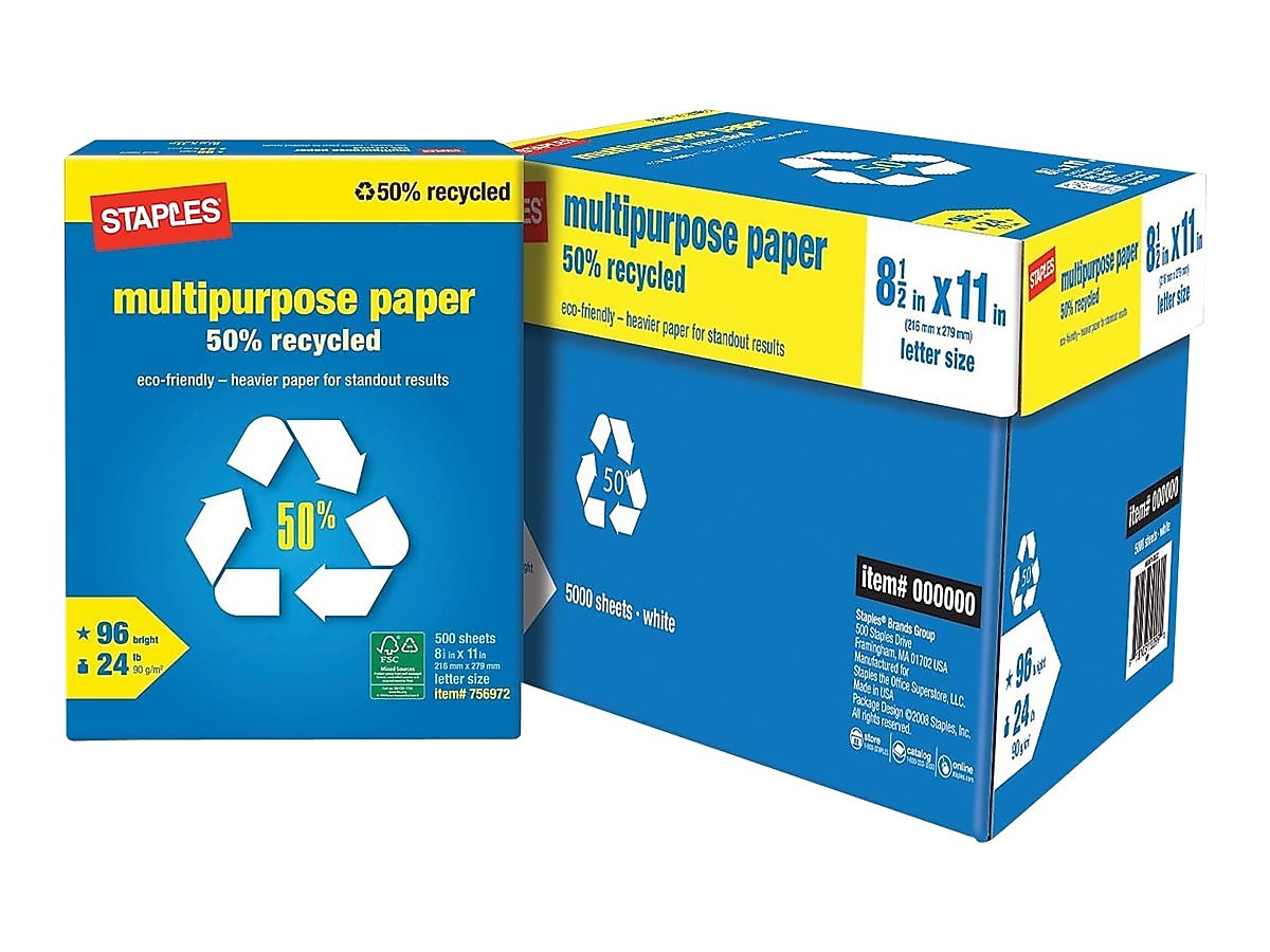 Staples 50% Recycled Multipurpose Paper, 8.5" x 11", 24 lbs., White, 500 Sheets/Ream, 10 Reams/Carton (86059)