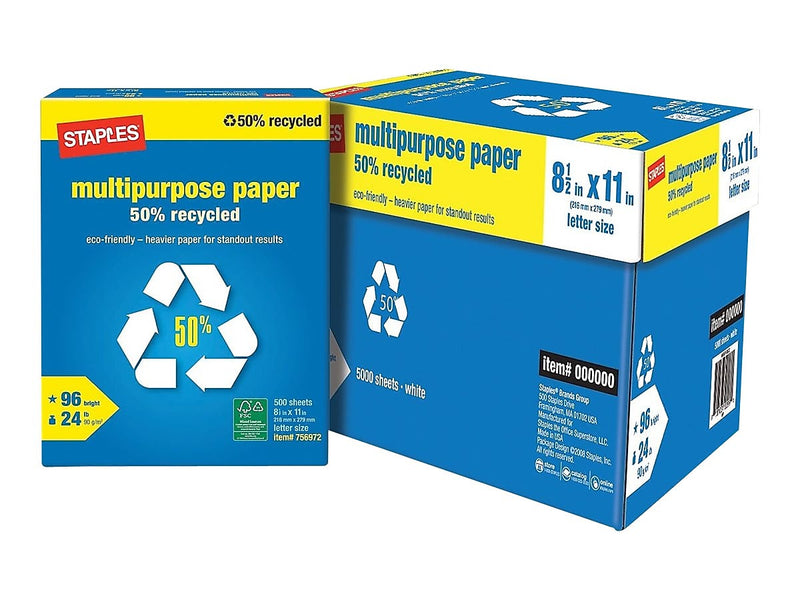Staples 50% Recycled Multipurpose Paper, 8.5" x 11", 24 lbs., White, 500 Sheets/Ream, 10 Reams/Carton (86059)