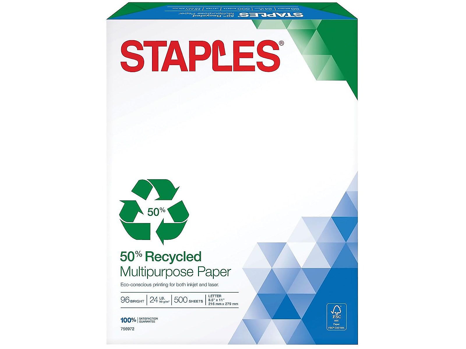 Staples 50% Recycled 8.5" x 11" Multipurpose Paper, 24 lbs., 96 Brightness, 500/Ream (86059)