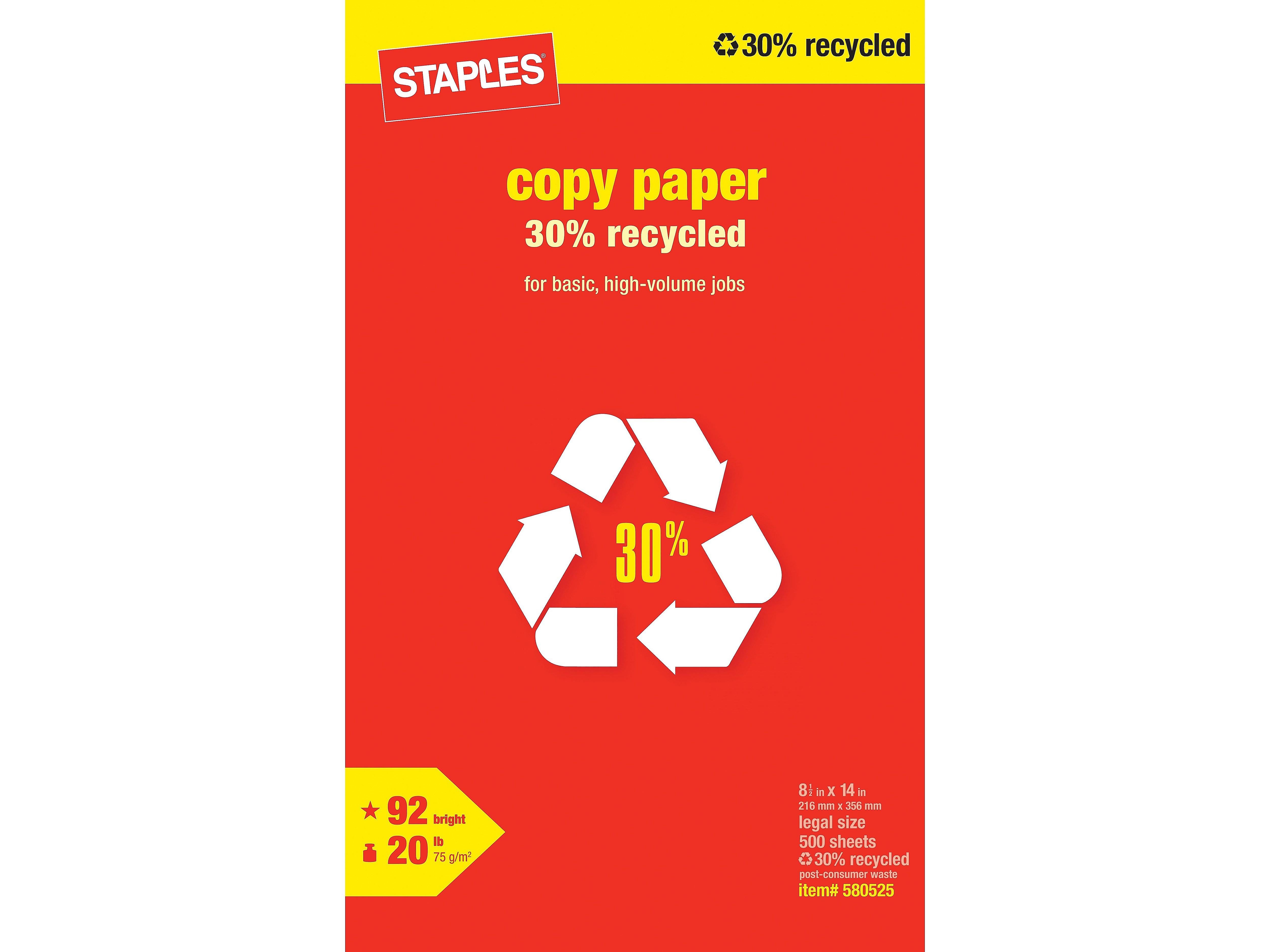 Staples 30% Recycled 8.5" x 14" Copy Paper, 20 lbs., 92 Brightness, 500/Ream (112380)