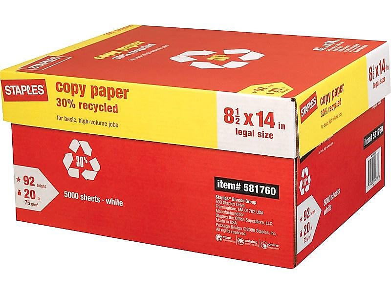 Staples 30% Recycled Copy Paper, 8.5" x 14", 20 lbs., White, 500 Sheets/Ream, 10 Reams/Carton (112380)