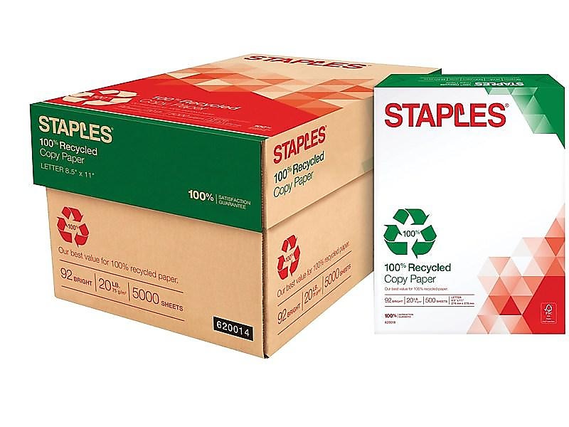 Staples Recycled Copy Paper, 8.5" x 11", 20 lbs., White, 500 Sheets/Ream, 10 Reams/Carton (620014)