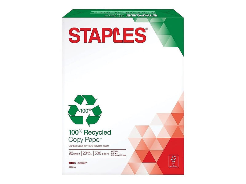 Staples 100% Recycled 8.5" x 11" Copy Paper, 20 lbs., 92 Brightness, 500/Ream (620016)