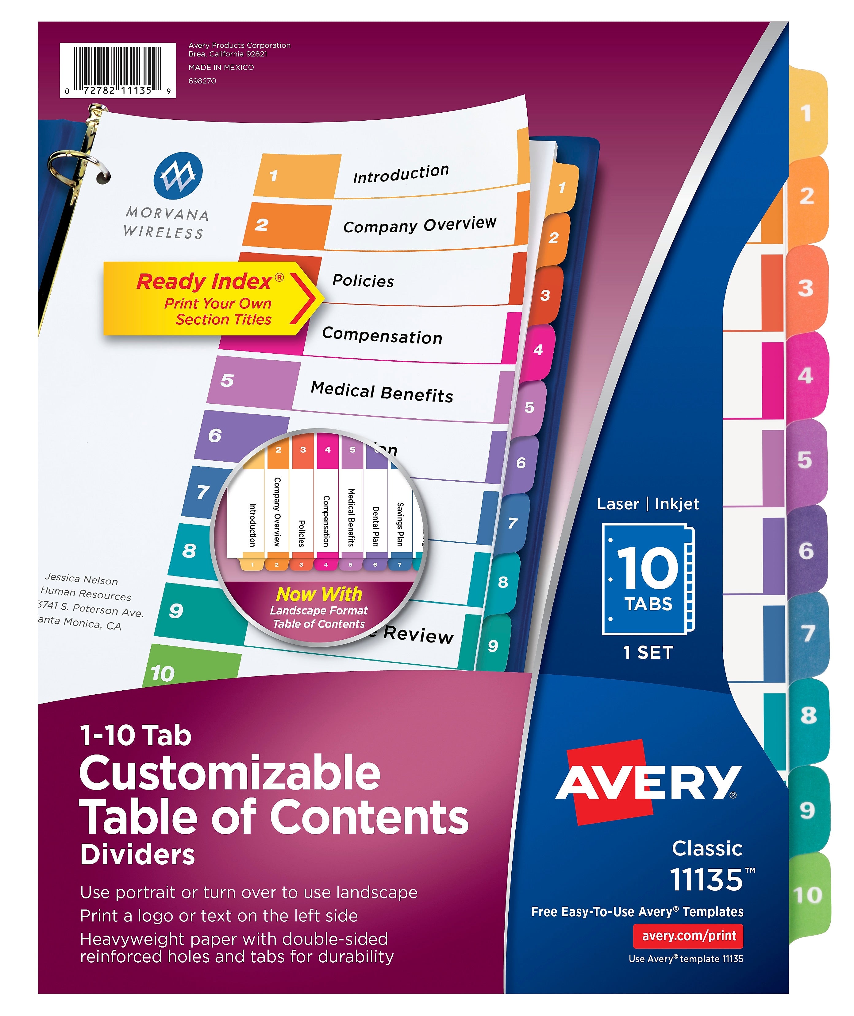 Avery Ready Index Table of Contents Paper Dividers, 1-10 Tabs, Multicolor (11135)