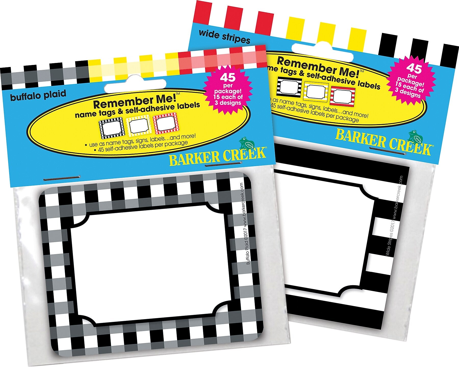 Barker Creek Self-adhesive Buffalo Plaid & Wide Stripes School Name Tags, 2.75" x 3.5", 90/Set (BC3779)