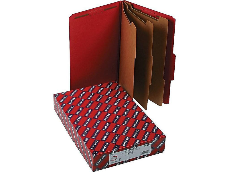 Smead Pressboard Classification Folders w/SafeSHIELD Fasteners, Legal Size, 3 Dividers, Red, 10/Box (19095)