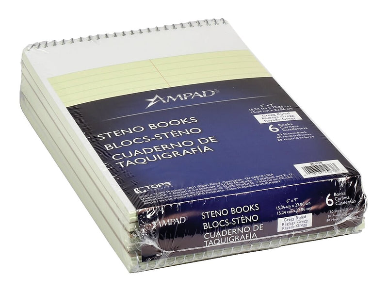 Ampad Steno Book, 6" x 9", Gregg Ruled, Green Tint, 80 Sheets/Pad, 6 Pads/Pack (TOP 25-278)
