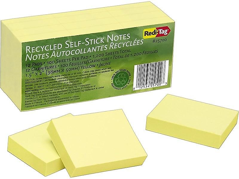 Redi-Tag Recycled Notes, 1 1/2" x 2", Yellow, 100 Sheet/Pad, 12 Pads/Pack (25700)