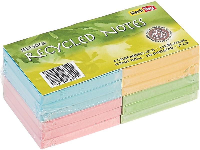 Redi-Tag Recycled Notes, 3" x 3", Pink, Green, Blue, Yellow, 100 Sheet/Pad, 12 Pads/Pack (26704)