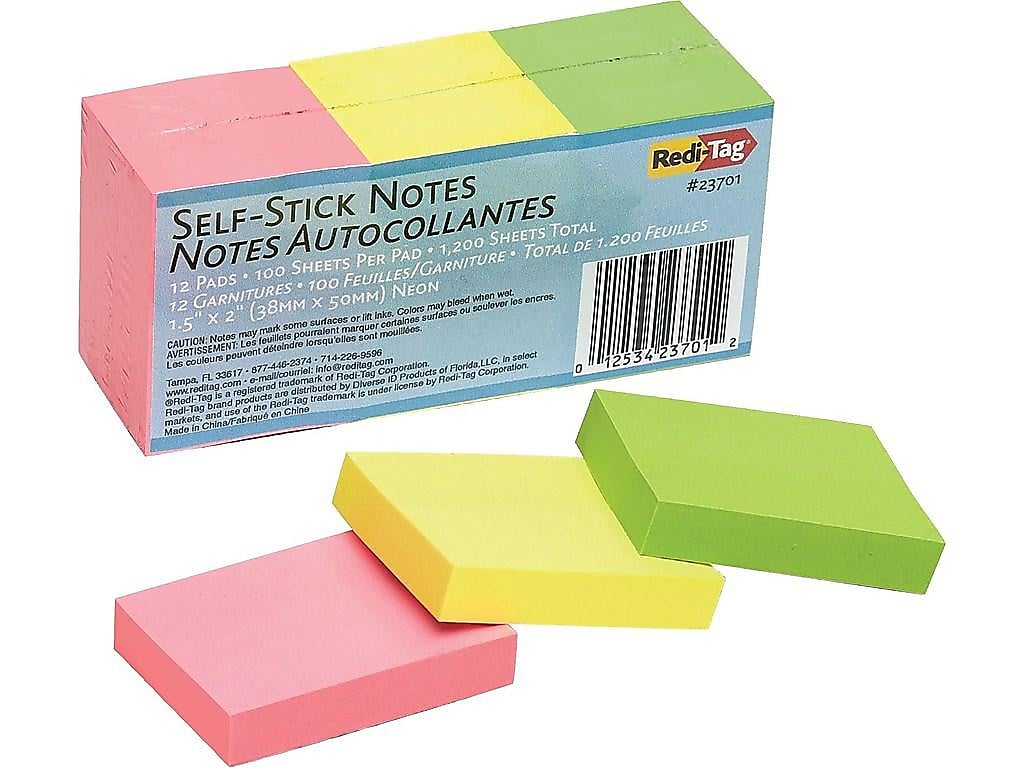 Redi-Tag Notes, 1 1/2" x 2", Supernova Neons Collection, 100 Sheet/Pad, 12 Pads/Pack (RTG23701)