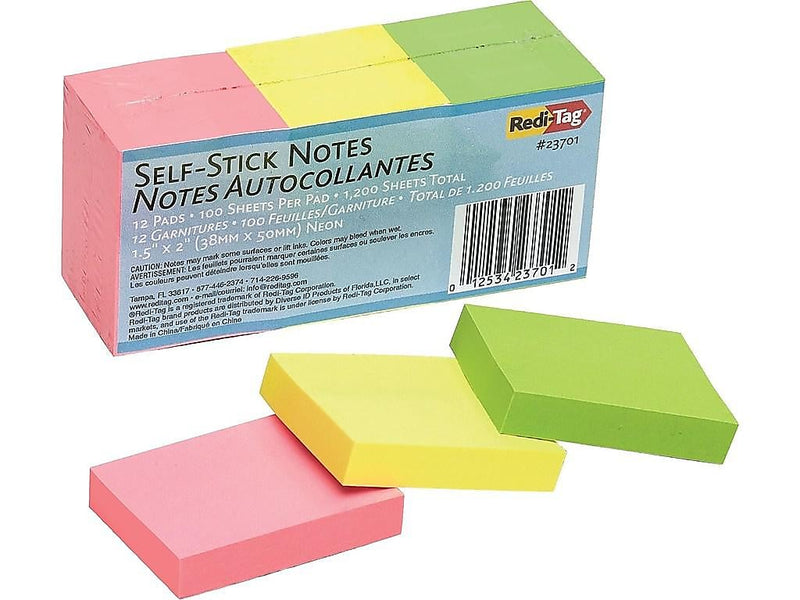 Redi-Tag Notes, 1 1/2" x 2", Supernova Neons Collection, 100 Sheet/Pad, 12 Pads/Pack (RTG23701)