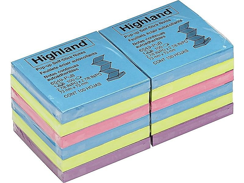 Highland Pop-up Notes, 3" x 3", Assorted Collection, 100 Sheet/Pad, 12 Pads/Pack (6549-PUB)