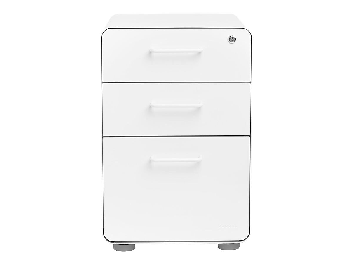 Poppin Stow 3-Drawer Mobile Vertical File Cabinet, Letter/Legal Size, Lockable, 24"H x 15.75"W x 20"D, White (100425)