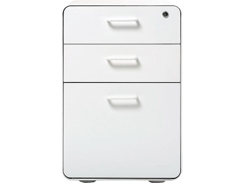 Poppin Stow 3-Drawer Mobile Vertical File Cabinet, Letter/Legal Size, Lockable, 24"H x 15.75"W x 20"D, White (100425)