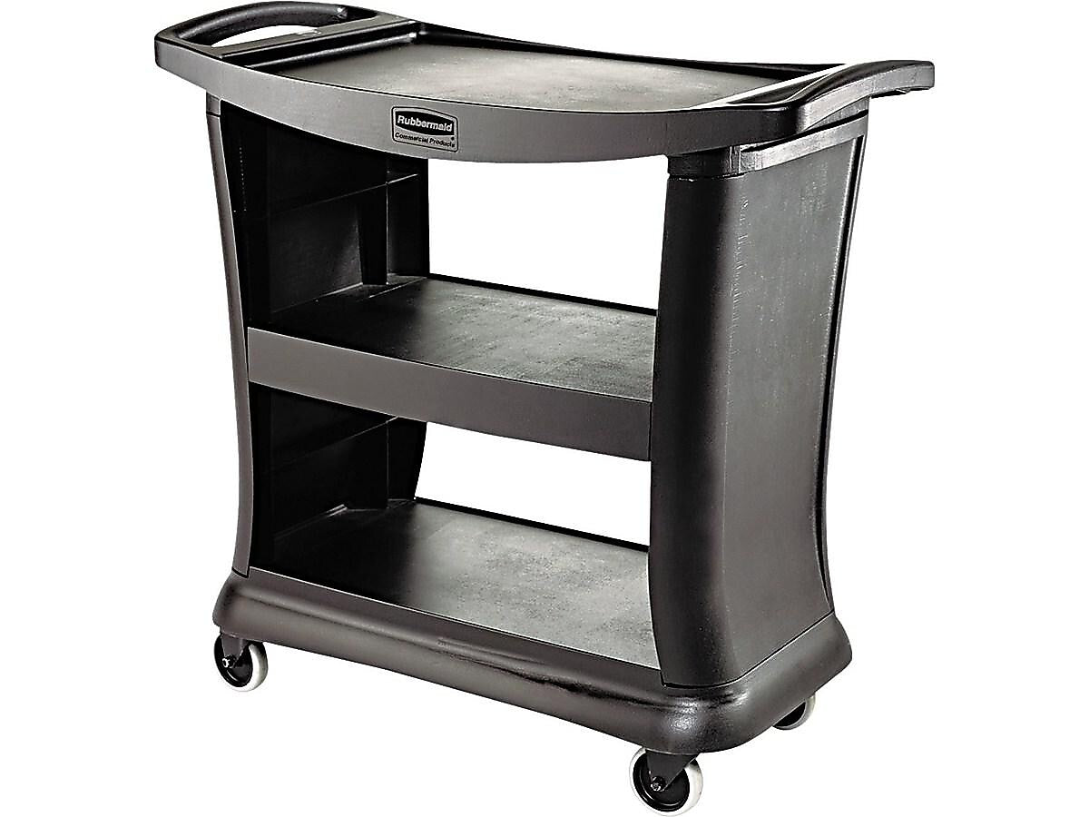 Rubbermaid 9T68 Executive 3-Shelf Polypropylene Mobile Serving Cart with Swivel Wheels, Black (FG9T6800BLA)