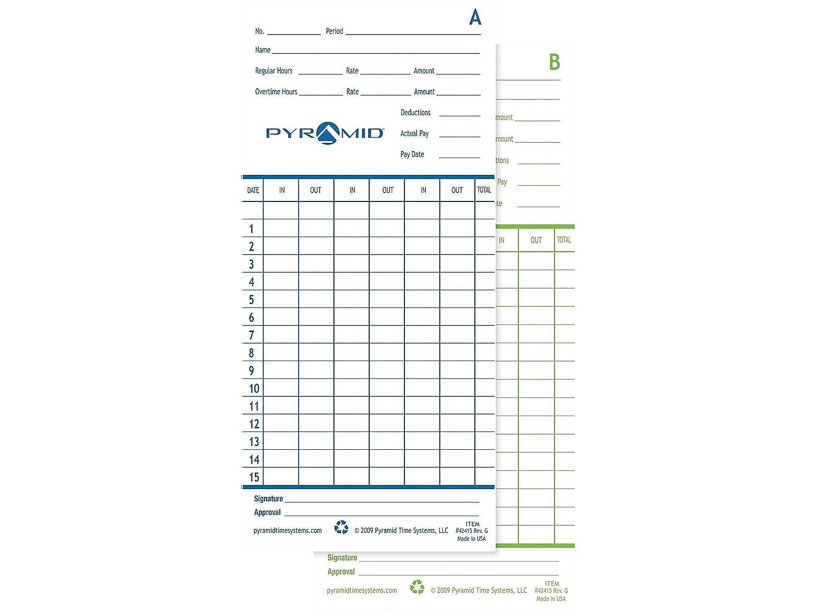 Pyramid Time Cards for 2600, 2650, 2650Pro, 6200 and 6400 Time Clocks, 100/Pack (42415)