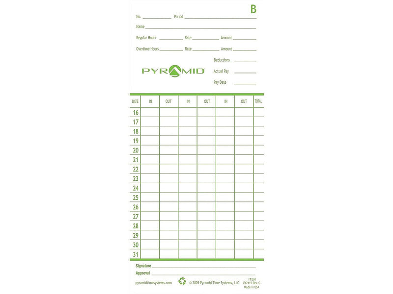 Pyramid Time Cards for 2600, 2650, 2650Pro, 6200 and 6400 Time Clocks, 100/Pack (42415)