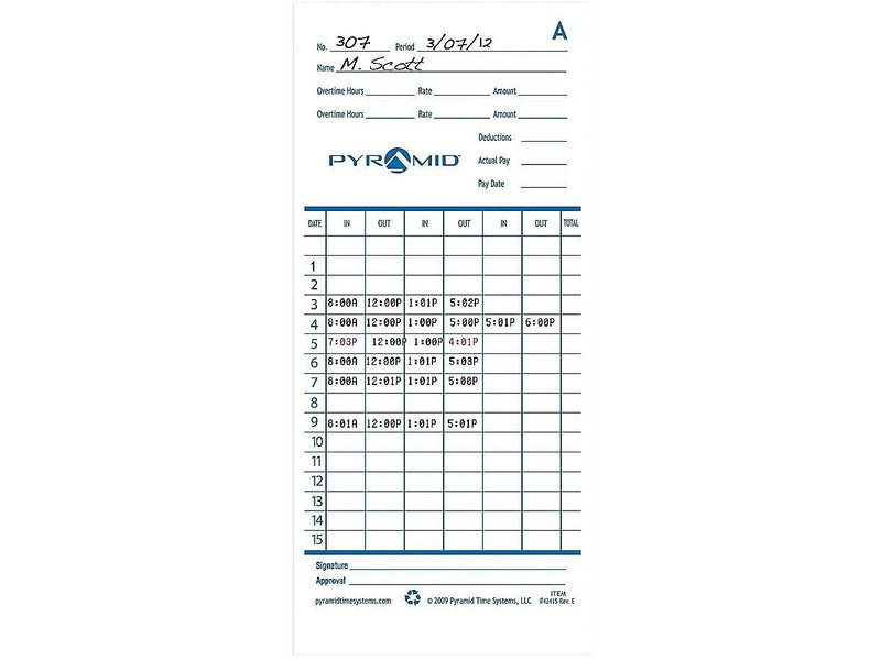Pyramid Time Cards for 2600, 2650, 2650Pro, 6200 and 6400 Time Clocks, 100/Pack (42415)