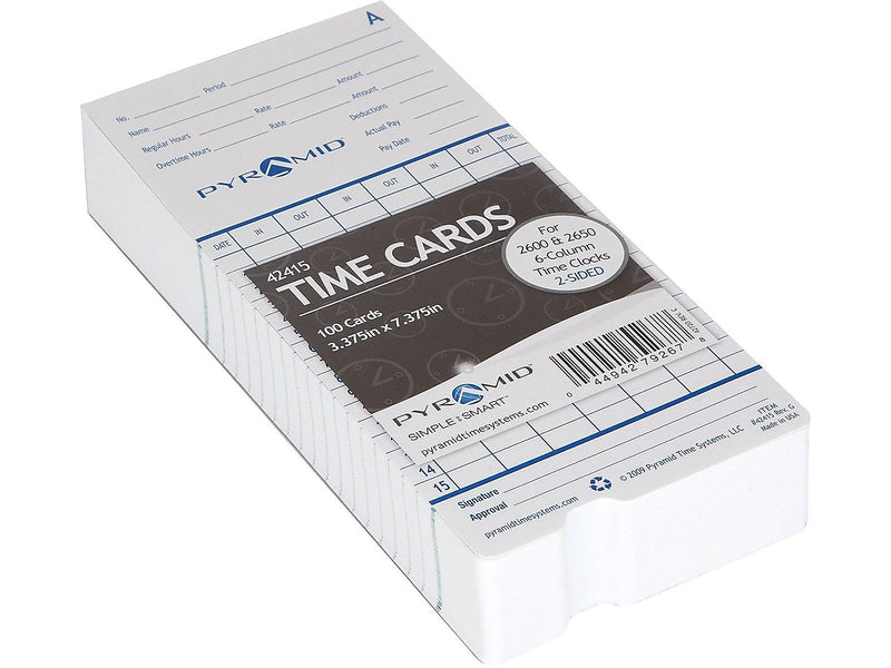 Pyramid Time Cards for 2600, 2650, 2650Pro, 6200 and 6400 Time Clocks, 100/Pack (42415)