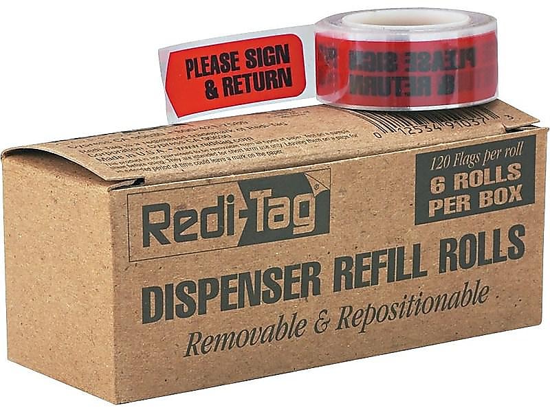 Redi-Tag Printed Arrows Flags, 'PLEASE SIGN & RETURN', Red, 9/16" x 2", 120/Roll, 6 Rolls/Pack (91037)