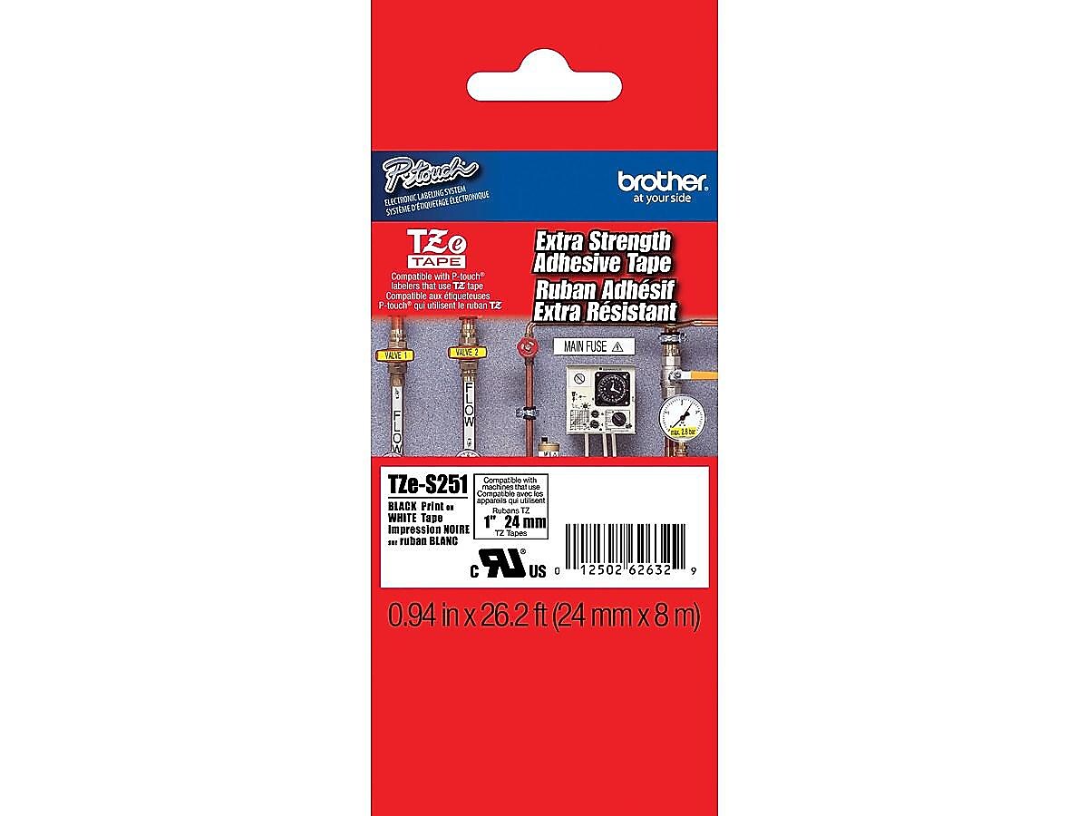 Brother P-touch TZe-S251 Laminated Extra Strength Label Maker Tape, 1" x 26-2/10', Black on White (TZe-S251)