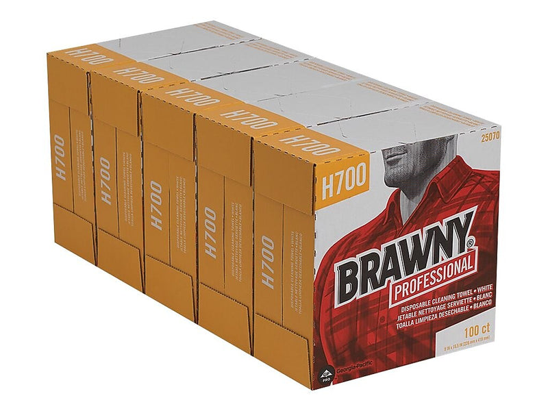 Brawny Professional Heavy Duty Durable Fibers Cleaning Wipers, 9.1", White, 100 Wipers/Box, 5/Carton (25070)