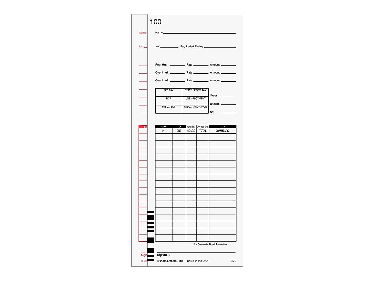 Lathem Time Cards for 7000E and 7500E Time Clocks, 100/Pack (E79-100)