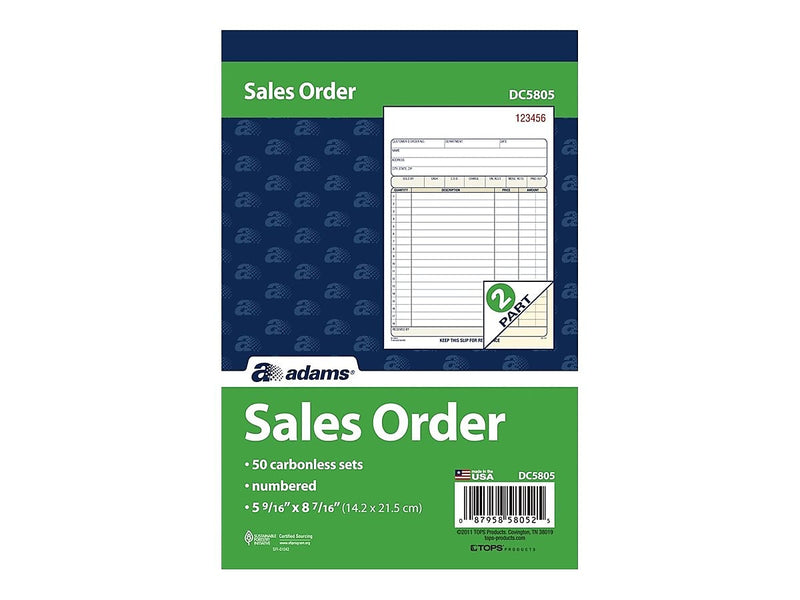 Adams 2-Part Carbonless Sales Orders, 8.44"L x 5.56"W, 50 Sets/Book (DC5805)