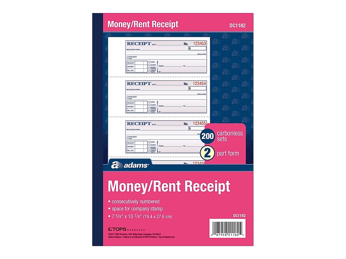 Adams 2-Part Carbonless Receipts, 2.75"L x 7.13"W, 200 Sets/Book (DC1182)