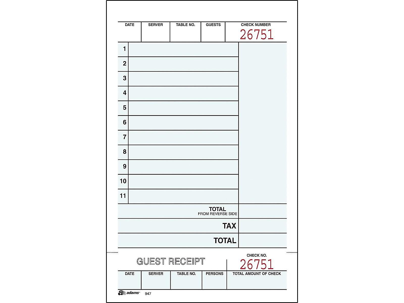 Adams 2-Part Carbonless Guest Checks, 4.25"L x 7.25"W, 250 Sets/Book (947SWC)