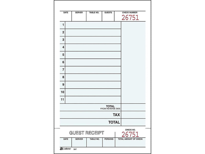 Adams 2-Part Carbonless Guest Checks, 4.25"L x 7.25"W, 250 Sets/Book (947SWC)