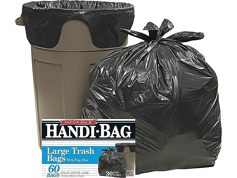 Berry Global Handi-Bag 30 Gallon Industrial Trash Bag, 30" x 33", Low Density, 0.65 mil, Black, 60 Bags/Box (HAB6FT60)