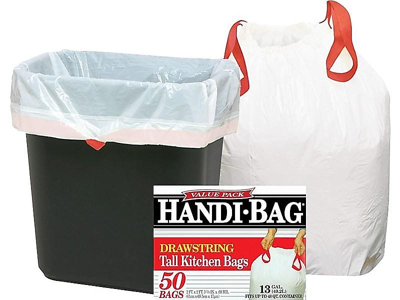 Berry Global Handi-Bag 13 Gallon Trash Bag, 24" x 27.38", Low Density, 0.6 mil, White, 50 Bags/Box (HAB6DK50)