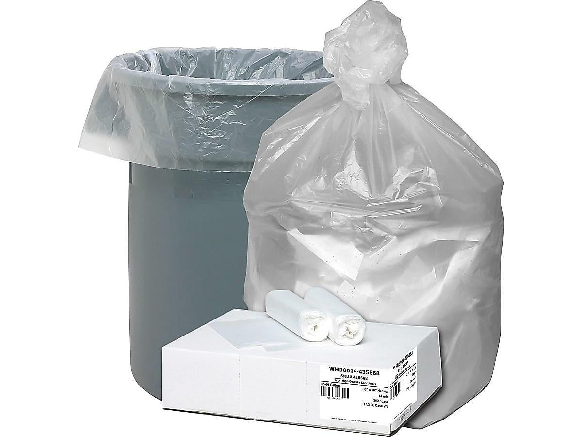 Berry Global Ultra Plus 60 Gallon Industrial Trash Bag, 38" x 60", High Density, 14 mic, Natural, 200 Bags/Box (WHD6014)