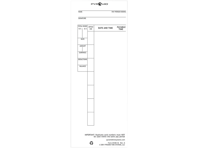 Pyramid Time Cards for 4000/4000HD/5000+/5000+HD Time Clocks, 100/Pack (44100-10)