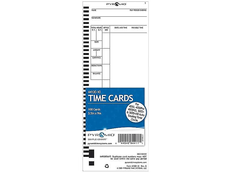 Pyramid Time Cards for 4000/4000HD/5000+/5000+HD Time Clocks, 100/Pack (44100-10)