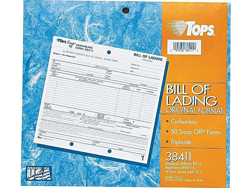 TOPS 3-Part Carbonless Bill of Lading, 8.5"L x 7"W, 50 Sets/Book (3841)