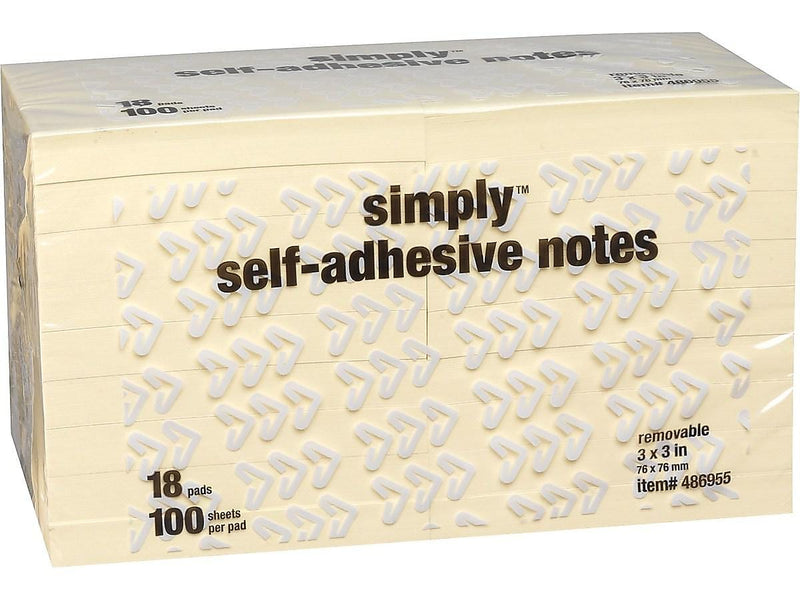 Simply Sticky Notes, 3" x 3", Yellow, 100 Sheets/Pad, 18 Pads/Pack (S-33-YW-18)