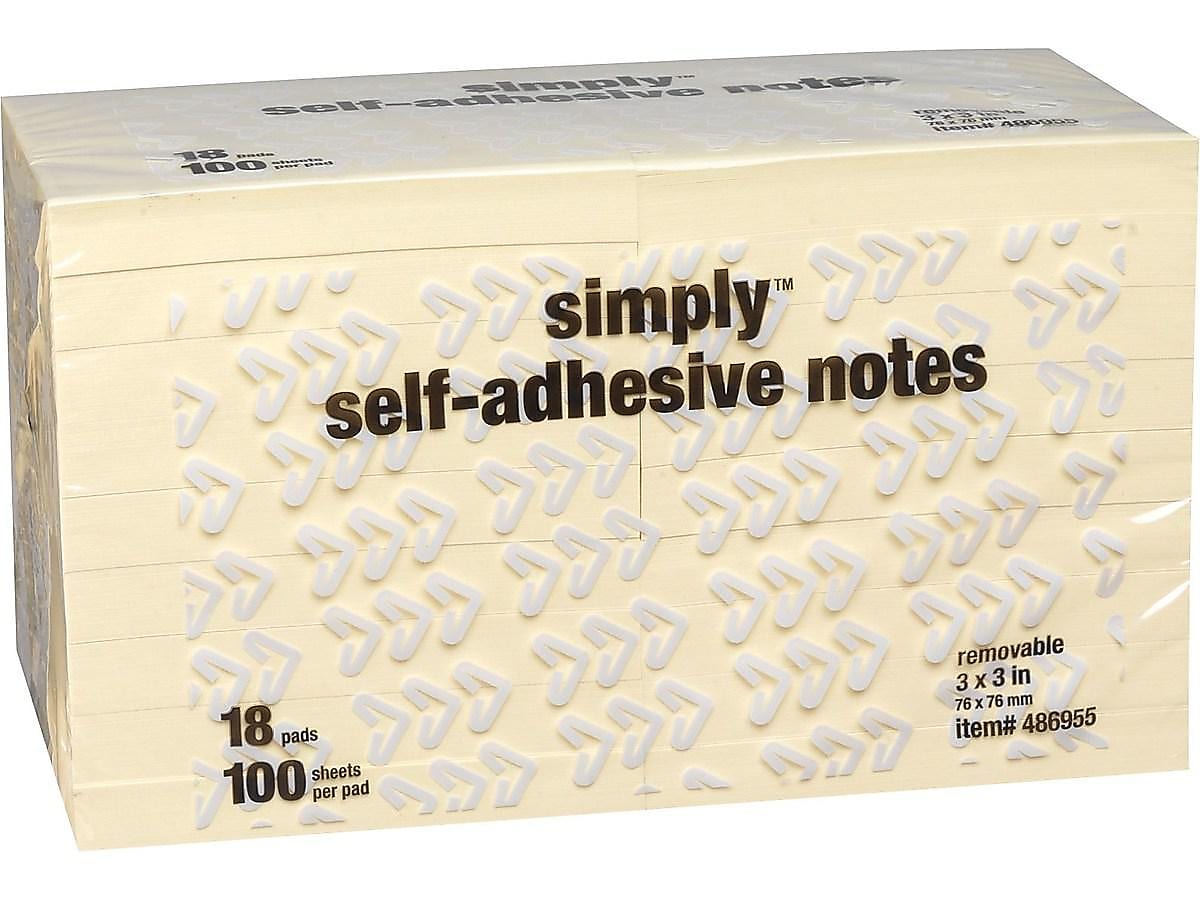 Simply Notes, 3" x 3", Yellow, 100 Sheet/Pad, 18 Pads/Pack (MMM654918PK)